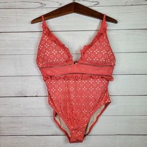 J.Crew Scalloped Ruffle Plunging One-Piece Swimsuit Sz 16 Pink Eyelet La…